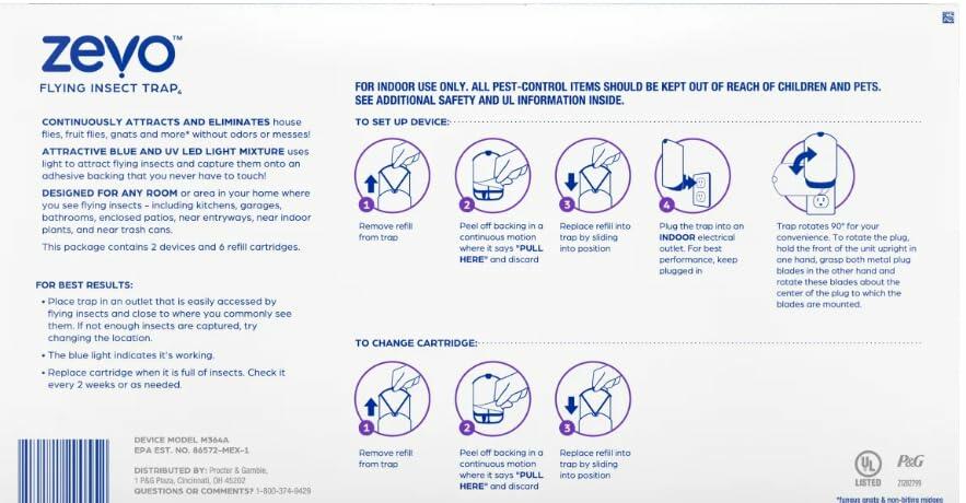 Zevo MAX Bug Catcher & Fly Trap for Indoor- Flying Insect Trap for Gnat, House & Fruit Flies - Use in Any Room - No-Mess Disposal (2 Device & 6 Cartridges)