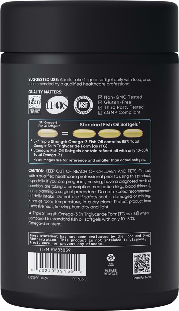 Sports Research Triple Strength Omega 3 Fish Oil - Burpless Fish Oil Supplement w/EPA & DHA Fatty Acids from Wild Caught Fish - Heart, Brain & Immune Support for Men & Women - 1250 mg, 150 ct