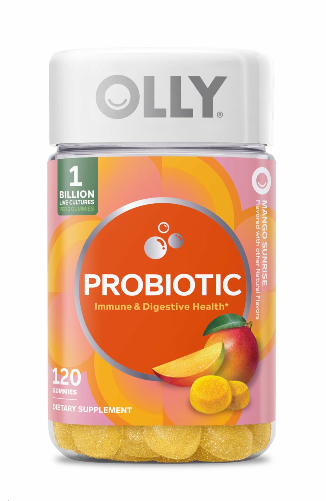 OLLY Probiotic Gummy, Immune and Digestive Support, 1 Billion CFUs, Chewable Probiotic Supplement, Mango, 60 Day Supply - 120 Count
