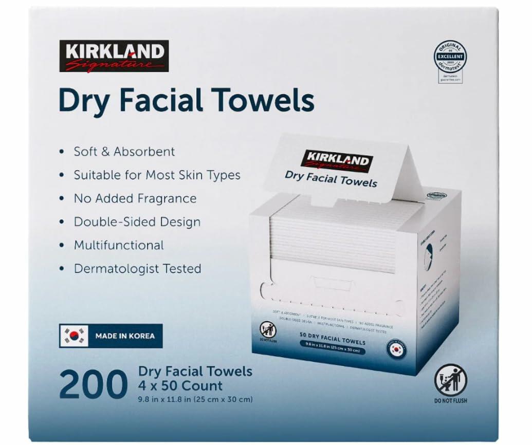 Kirkland Signature Daily Dry Facial Towels, 200-Count � Extra Soft Disposable Face Towels for Cleansing, Makeup Removal & Skincare � Gentle, Hygienic, Lint-Free