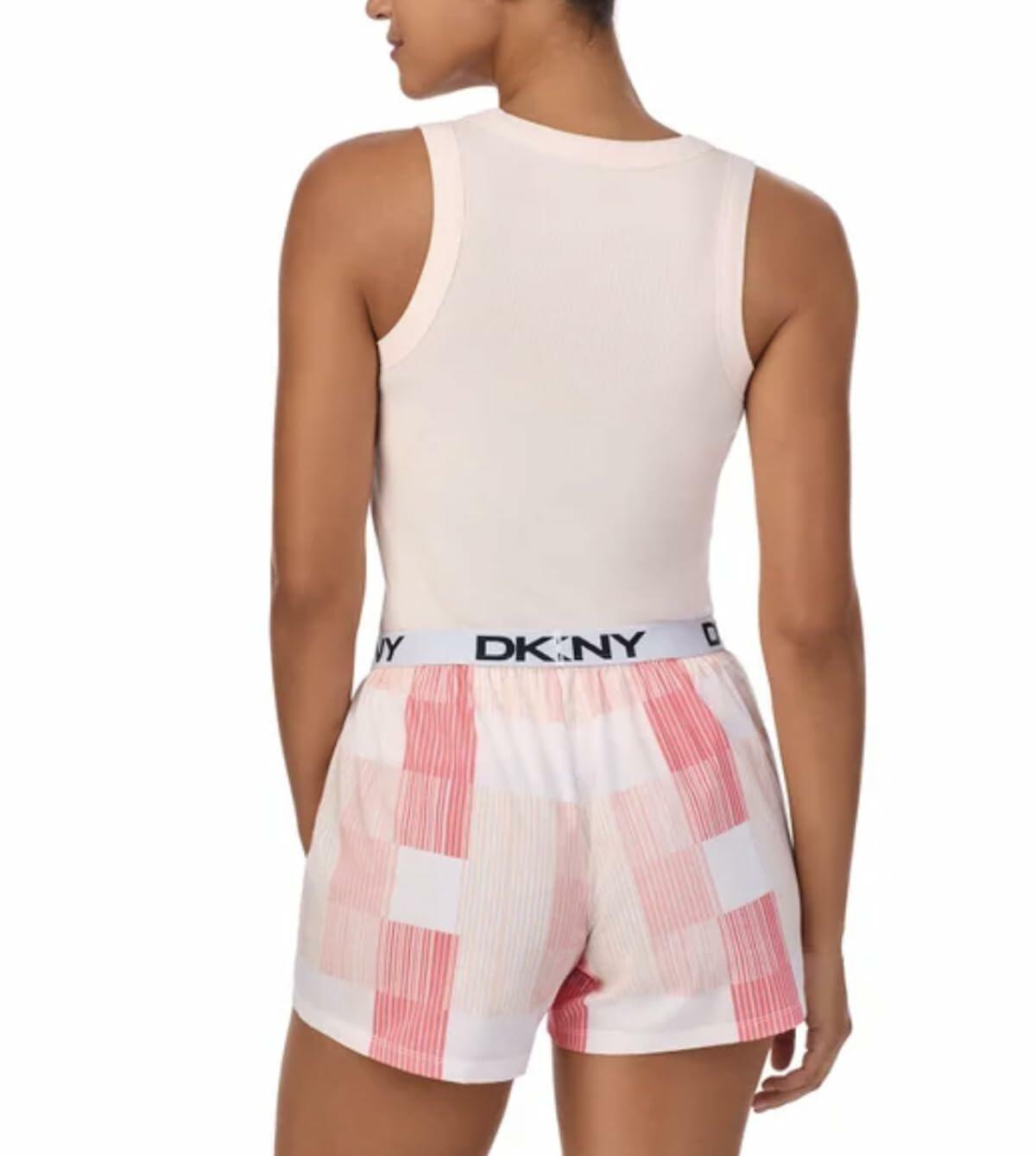 DKNY Women's 2 Piece Outfit Clothing Set - Tank Top & Short (Pearl Cream Pink Plaid Stripe Print, Large)