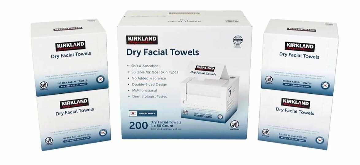Kirkland Signature Daily Dry Facial Towels, 200-Count � Extra Soft Disposable Face Towels for Cleansing, Makeup Removal & Skincare � Gentle, Hygienic, Lint-Free