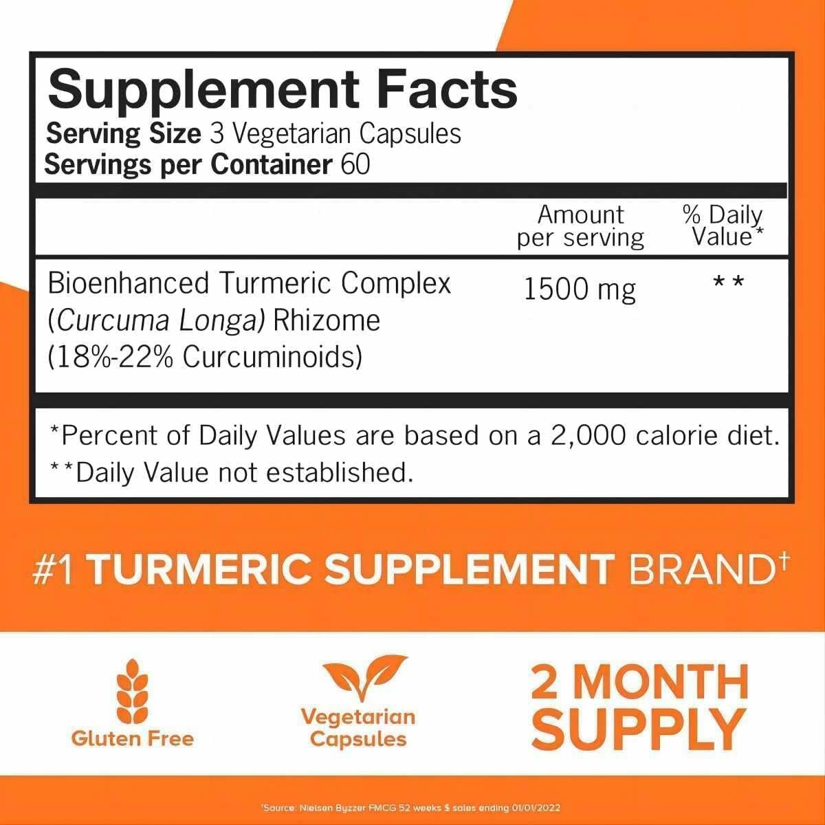 Turmeric Curcumin Supplement, Turmeric 1500mg with Ultra High Absorption, Extra Strength Capsules, 2 Month Supply, 180 Count