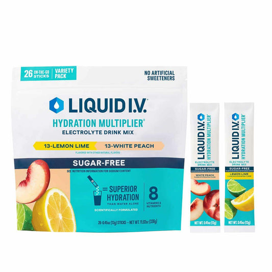 Liquid I.V. Hydration Multiplier Sugar Free Variety Pack, 26 Pack - Lemon Lime and White Peach |Electrolyte Drink Mix | Easy Open Single-Serving Sticks| Non-GMO