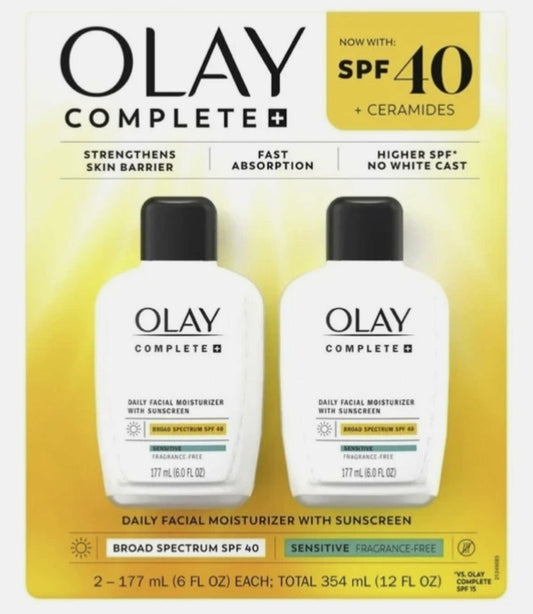 Olay Complete Daily Facial Moisturizer with SPF 40 Sunscreen, 2 Pack, 177 mL (6.0 FL OZ) each, 354 mL (12.0 FL OZ) Total