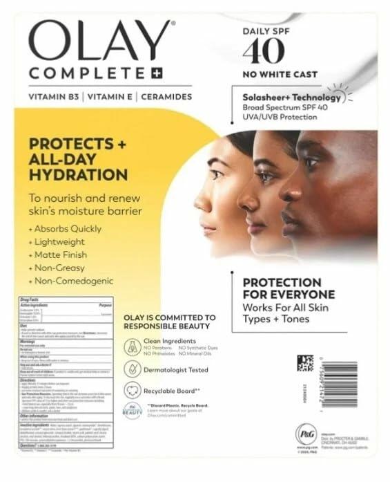 Olay Complete Daily Facial Moisturizer with SPF 40 Sunscreen, 2 Pack, 177 mL (6.0 FL OZ) each, 354 mL (12.0 FL OZ) Total