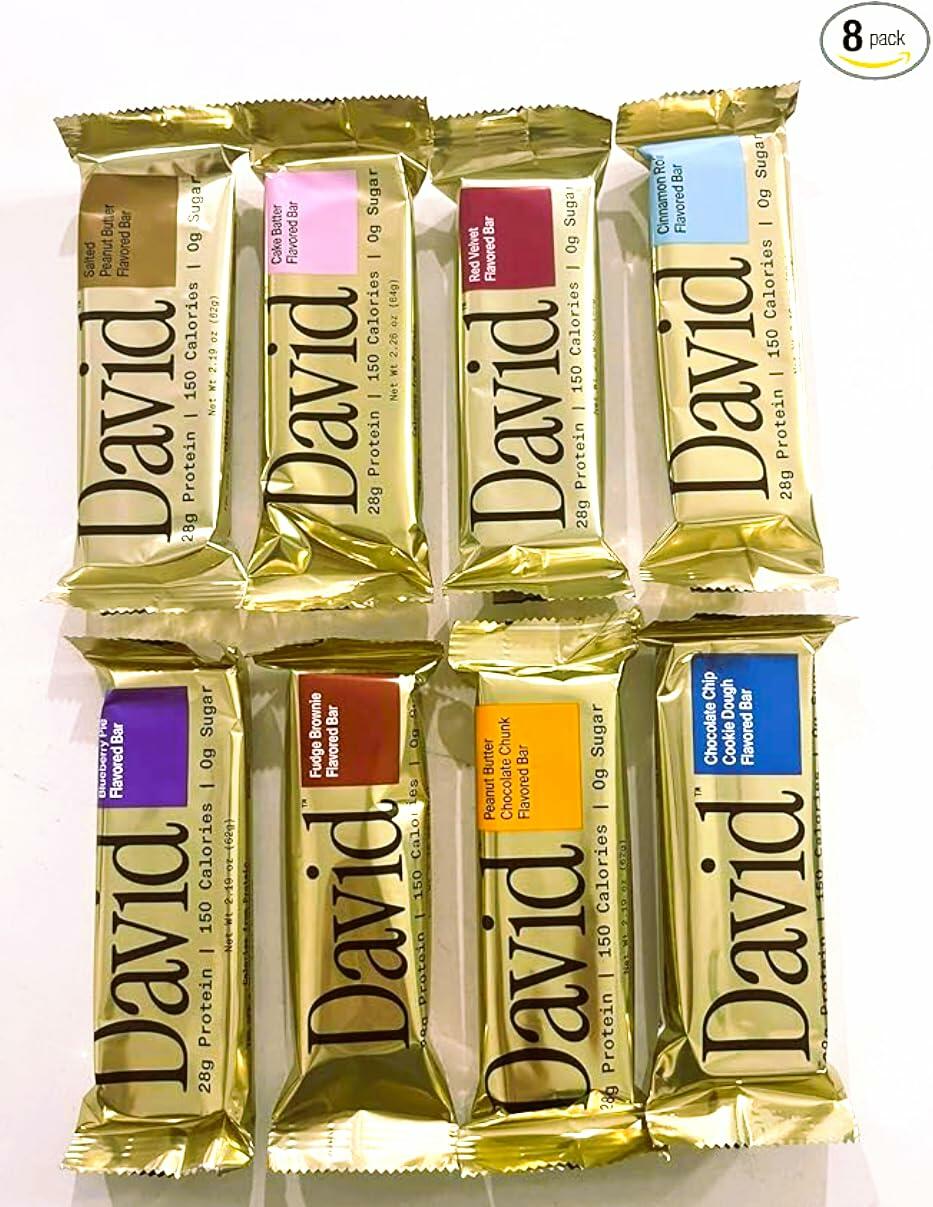 David Protein Bars 8 packs, Blueberry, Fudge Brownie, Peanut Butter Chunk, Chocolate Chips, Salted Peanut Butter, Cake Batter, Red Velvet, Cinnamon Roll