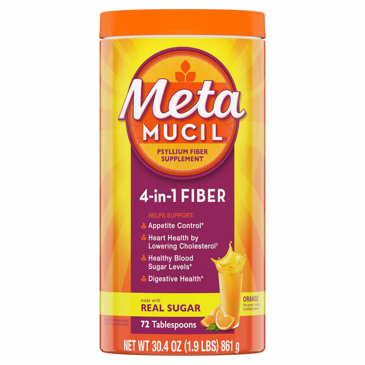 Metamucil 4-in-1 Psyllium Husk Fiber Supplement, Real Sugar, 72 tablespoons, Orange Flavored, Daily Fiber Powder for Digestive Health, made with Plant-Based Psyllium Husk Fiber