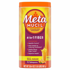 Metamucil 4-in-1 Psyllium Husk Fiber Supplement, Real Sugar, 72 tablespoons, Orange Flavored, Daily Fiber Powder for Digestive Health, made with Plant-Based Psyllium Husk Fiber