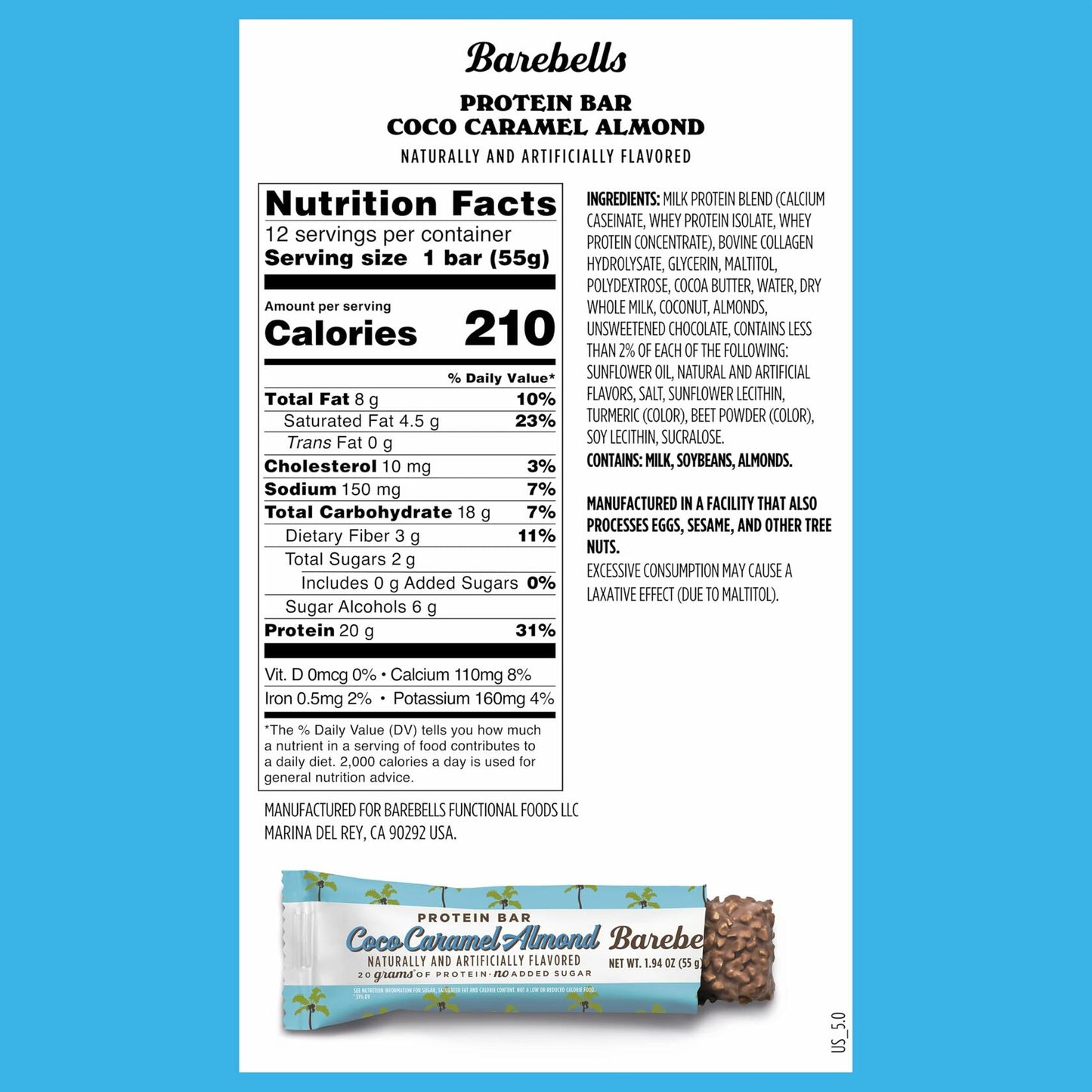 Barebells Protein Bars Coconut Caramel Almond - 12 Count, 20g High Protein Treats - Chocolate Nutrition Bar with 1g Total Sugars - On-The-Go Breakfast or Post-Workout Snack