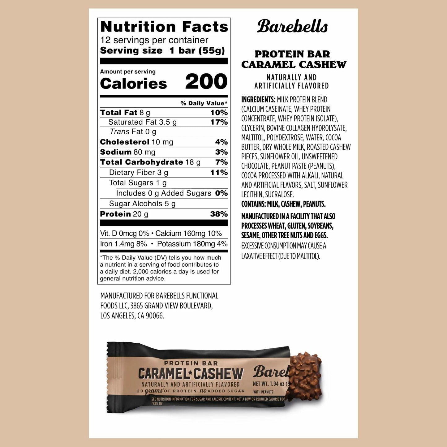 Barebells Protein Bars Caramel Cashew - 12 Count, 20g High Protein Treats - Chocolate Nutrition Bar with 1g Total Sugars - On-The-Go Breakfast or Post-Workout Snack
