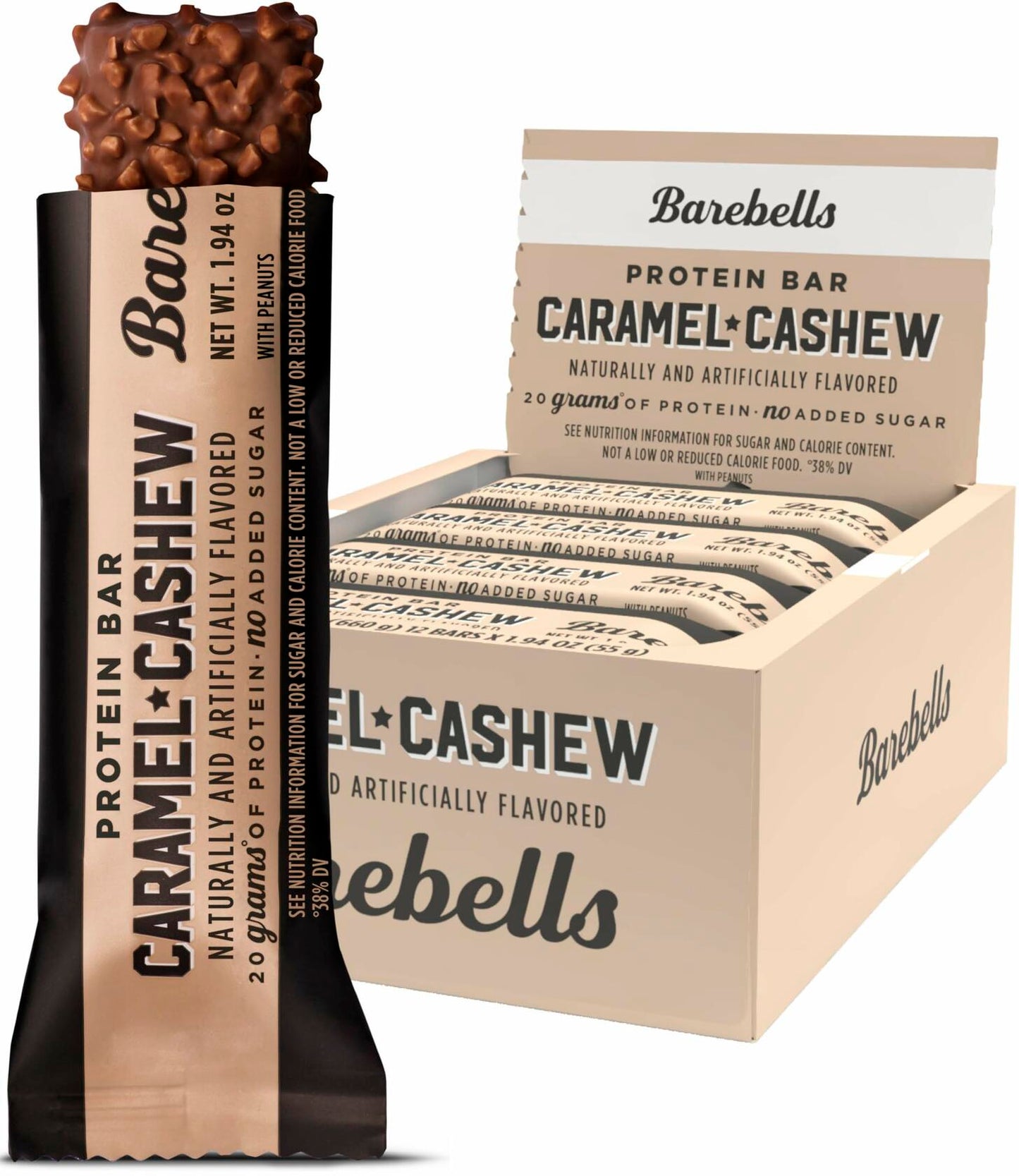 Barebells Protein Bars Caramel Cashew - 12 Count, 20g High Protein Treats - Chocolate Nutrition Bar with 1g Total Sugars - On-The-Go Breakfast or Post-Workout Snack
