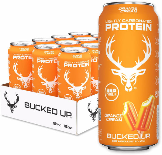 Bucked Up Lightly Carbonated Protein Soda | 25g Whey Isolate - Zero Sugar, Low Calorie, Caffeine Free, Clean Drink | Sparkling Protein Soda - 12 Pack, 16 oz Cans (Orange Cream)