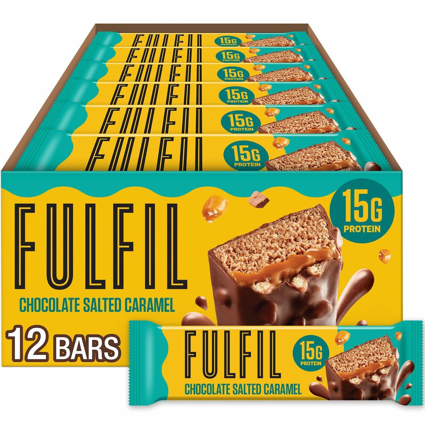 FULFIL Protein Snack Bars, Chocolate Salted Caramel Flavored, Gluten Free with 15g Protein, Pantry Staples, 12 Count