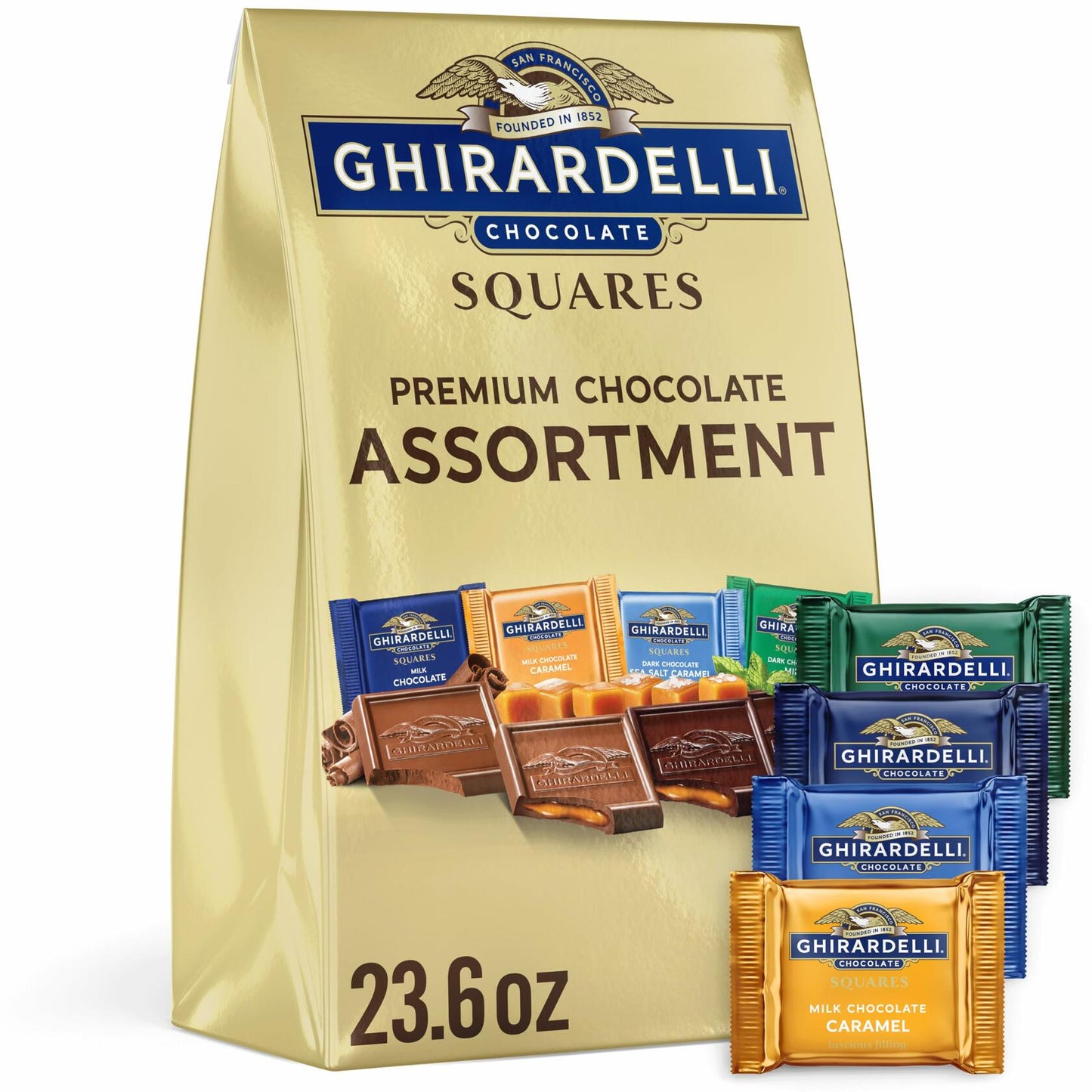 GHIRARDELLI Premium Assorted Chocolate SQUARES, 23.6 oz Bag Variety Pack of Milk, Dark, Mint, and Caramel Chocolates