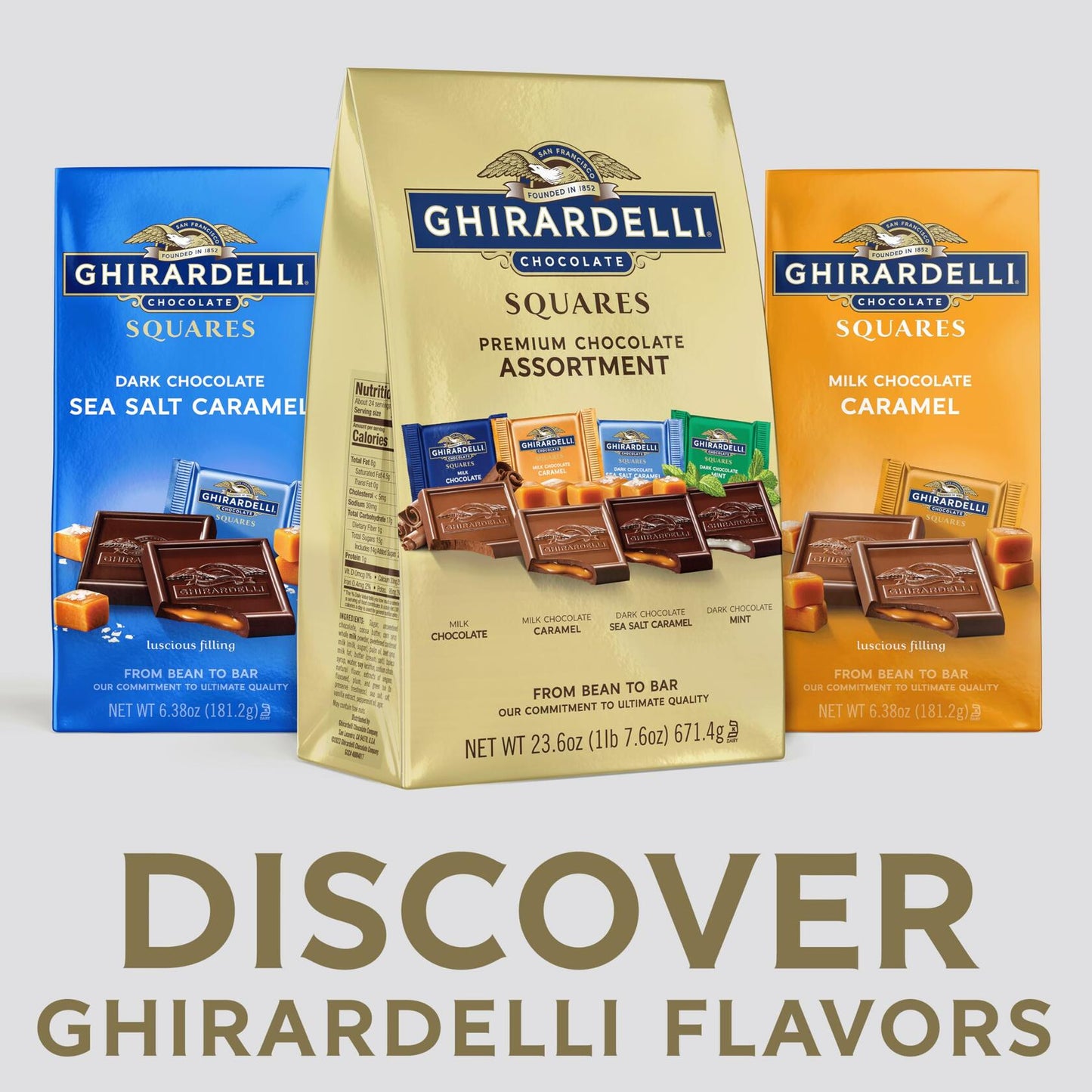 GHIRARDELLI Premium Assorted Chocolate SQUARES, 23.6 oz Bag Variety Pack of Milk, Dark, Mint, and Caramel Chocolates