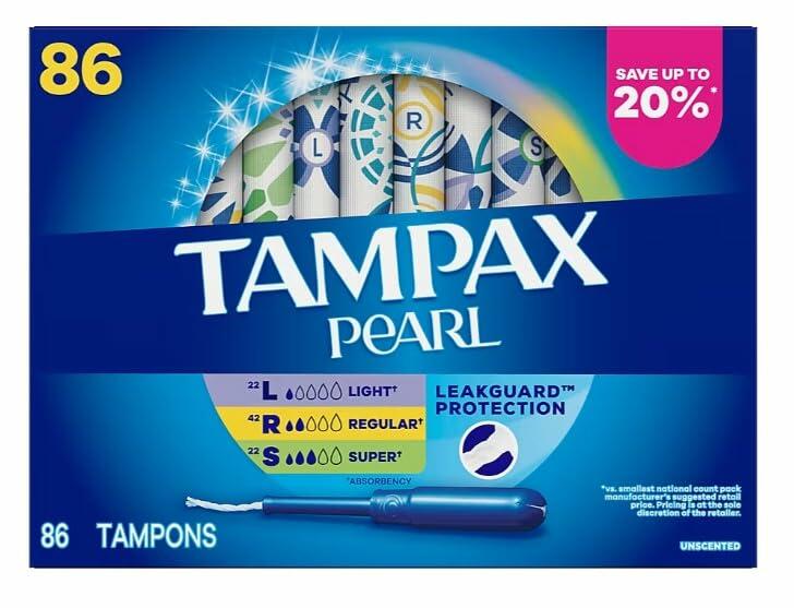 Tampax Pearl Tampons Multipack, with LeakGuard Braid, Light/Regular/Super Absorbency, Unscented, 86 ct.