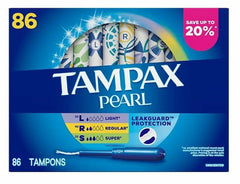 Tampax Pearl Tampons Multipack, with LeakGuard Braid, Light/Regular/Super Absorbency, Unscented, 86 ct.