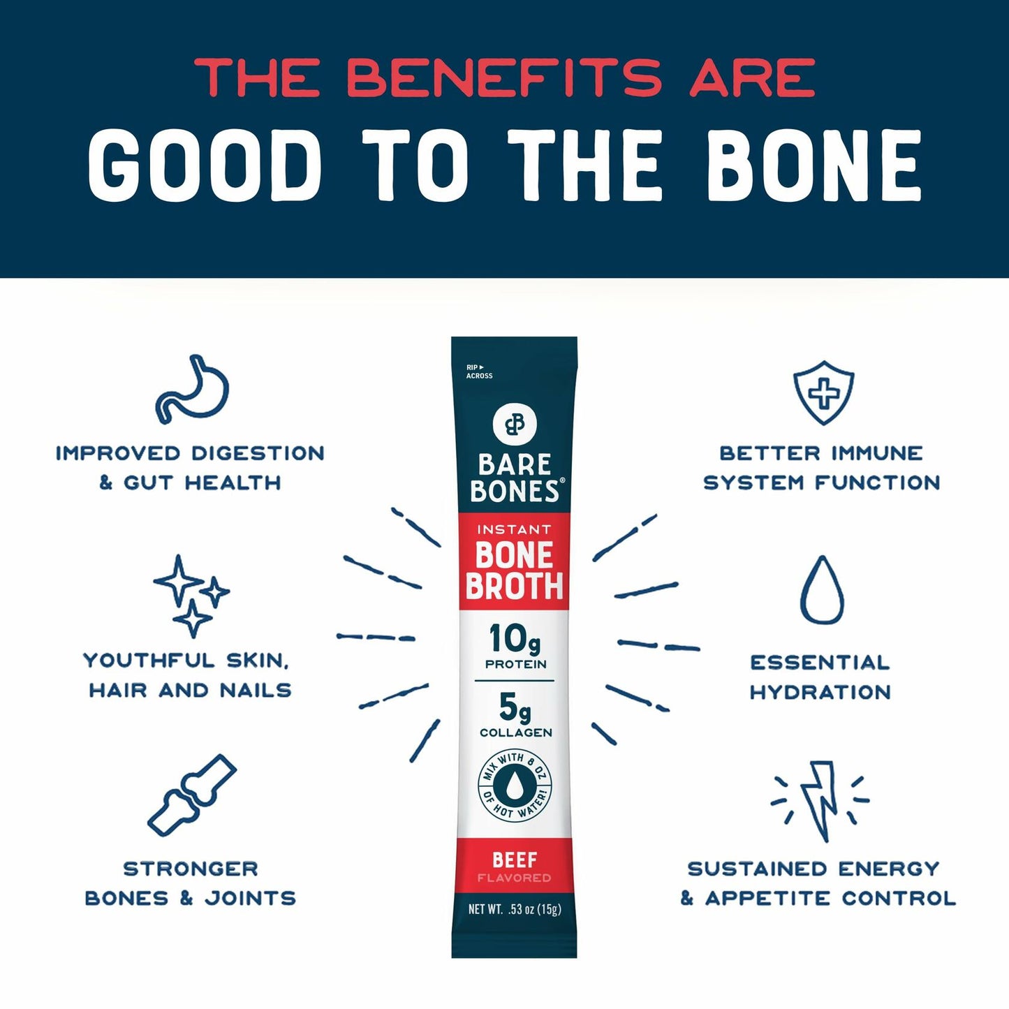 Bare Bones Beef Bone Broth Instant Powdered Mix | Rich Savory Packets on-the-Go No Artificial Flavors | 100% Grass Fed Keto & Paleo Friendly | 10g Protein | 12 Pack