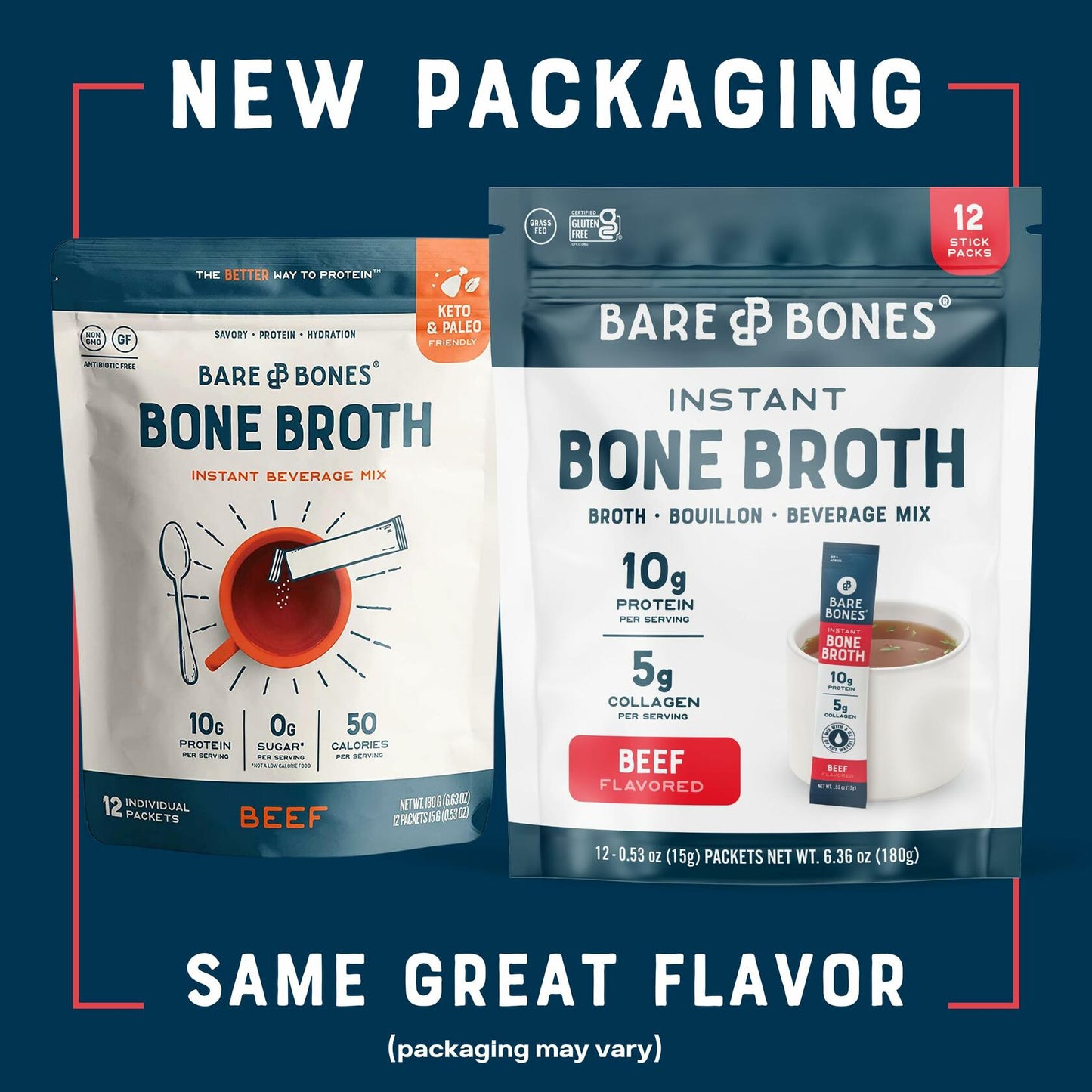 Bare Bones Beef Bone Broth Instant Powdered Mix | Rich Savory Packets on-the-Go No Artificial Flavors | 100% Grass Fed Keto & Paleo Friendly | 10g Protein | 12 Pack