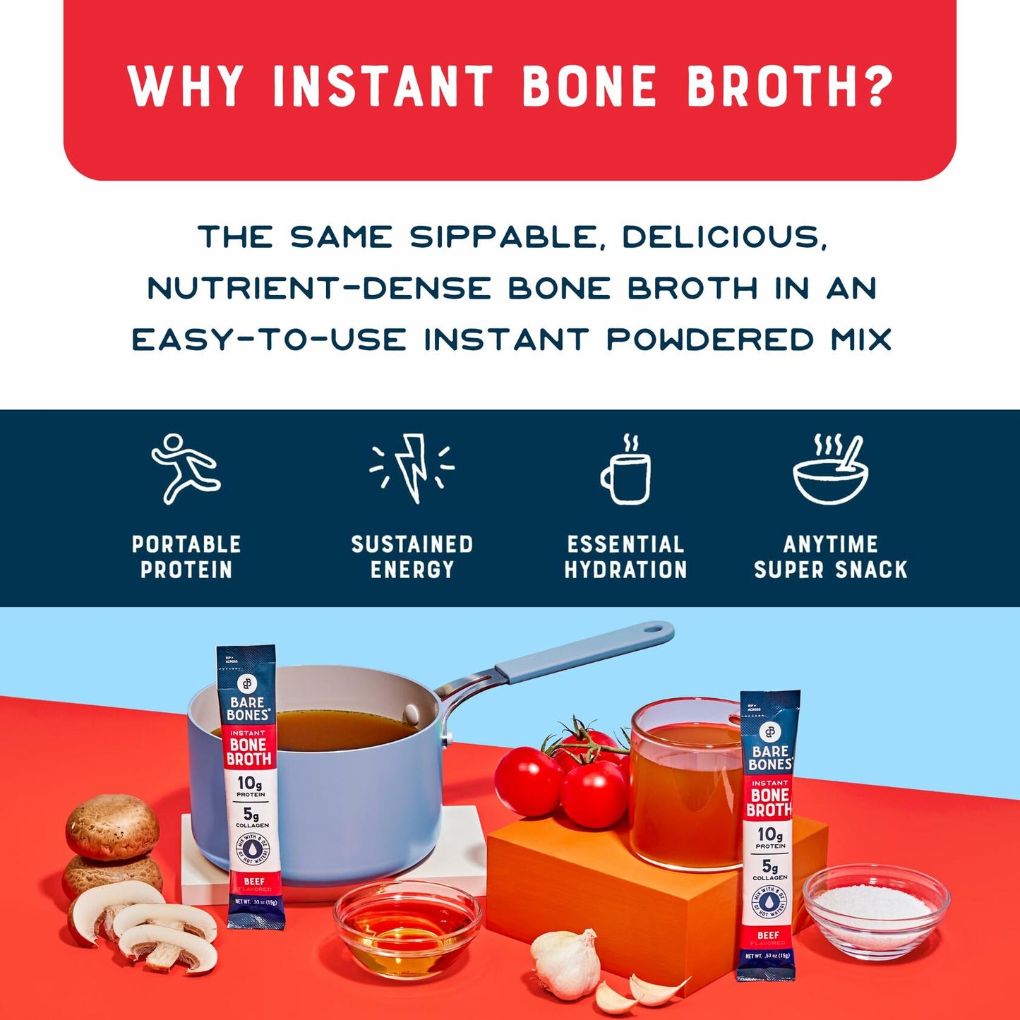 Bare Bones Beef Bone Broth Instant Powdered Mix | Rich Savory Packets on-the-Go No Artificial Flavors | 100% Grass Fed Keto & Paleo Friendly | 10g Protein | 12 Pack