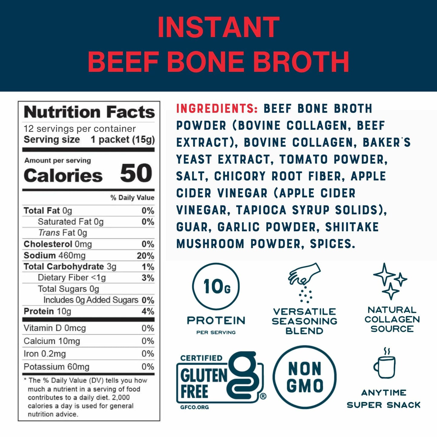 Bare Bones Beef Bone Broth Instant Powdered Mix | Rich Savory Packets on-the-Go No Artificial Flavors | 100% Grass Fed Keto & Paleo Friendly | 10g Protein | 12 Pack