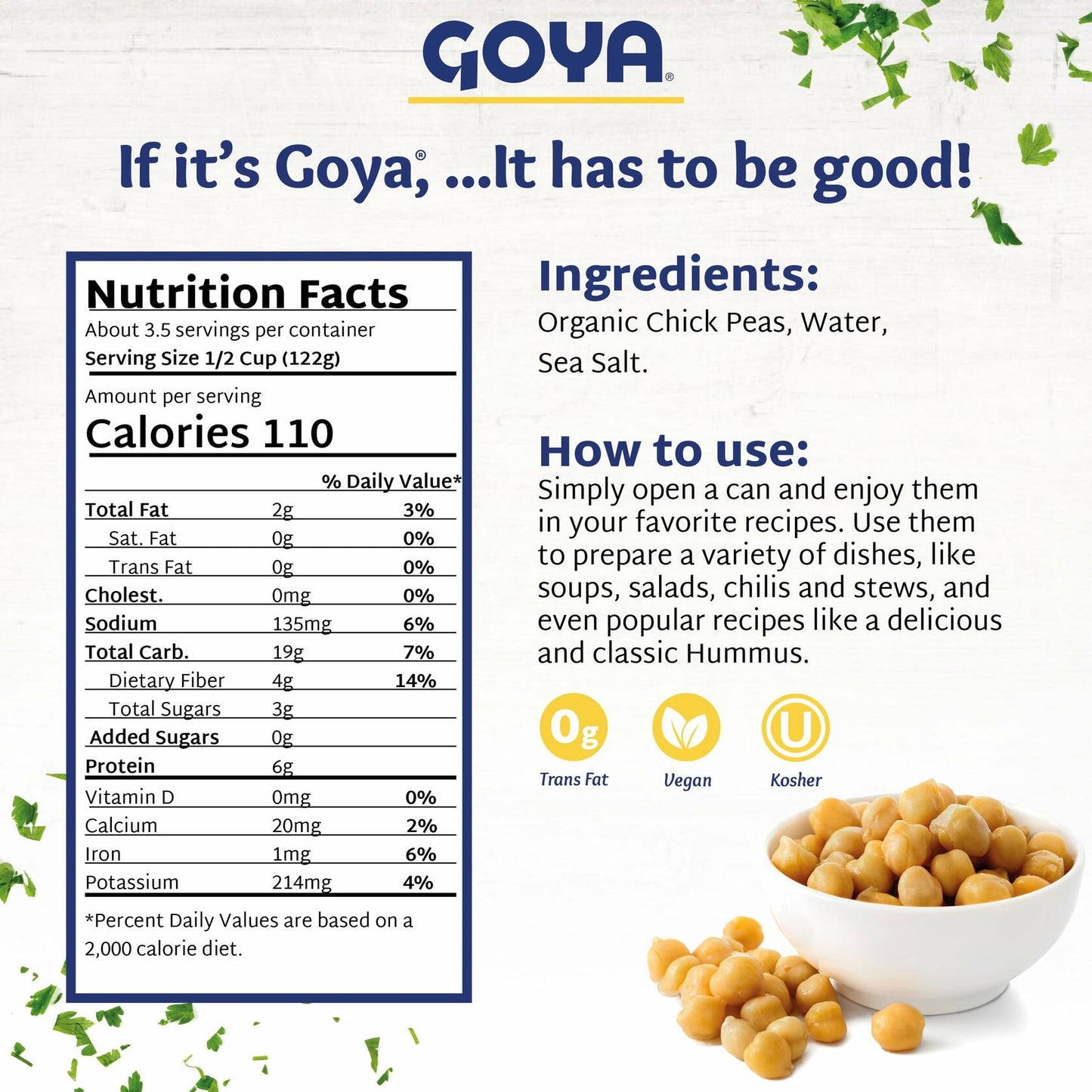 Organic Chickpeas with Sea Salt by Goya, Low Sodium Garbanzo Beans, Canned Food, Pantry Staples, Legumes Rich in Fiber, Beans Bulk 8 Pack of 15.5oz Cans