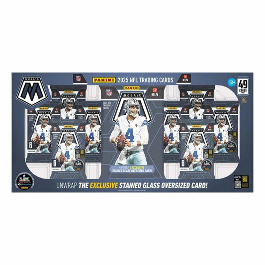 2025 Panini Mosaic Football Flagship Collection Trading Card Box (1 Stained Glass Oversized Card Per Box)
