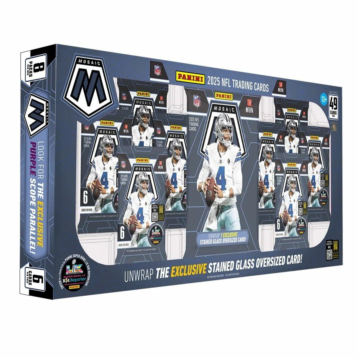 2025 Panini Mosaic Football Flagship Collection Trading Card Box (1 Stained Glass Oversized Card Per Box)