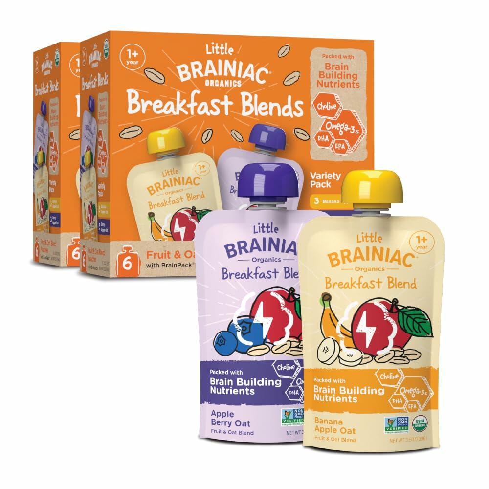 Little Brainiac Variety Pack Breakfast Blend Organic Fruit & Oat Toddler Pouches, Banana Apple Oat & Apple Berry Oat with Omega-3s DHA/EPA & Choline, Clean Label, BPA-Free, Non-GMO, 3.5 oz, Pack of 12