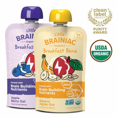 Little Brainiac Variety Pack Breakfast Blend Organic Fruit & Oat Toddler Pouches, Banana Apple Oat & Apple Berry Oat with Omega-3s DHA/EPA & Choline, Clean Label, BPA-Free, Non-GMO, 3.5 oz, Pack of 12
