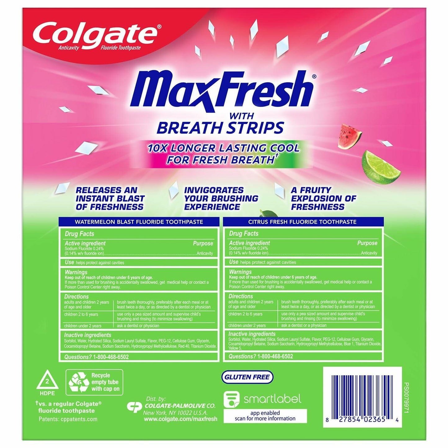 Colgate Maxfresh Toothpaste with Breath Strips, Watermelon Blast & Citrus Fresh, 4 Pack