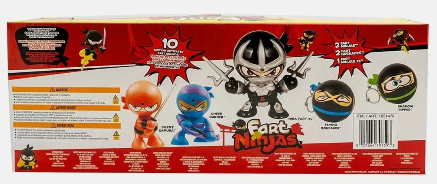 Funrise Fart Ninjas 5-Pack – Motion Activated Action Figures with 10 Fart Sounds – Funny Collectibles with Ninja Combat Poses & Colorful Armor (2 Ninjas, 2 Grenades, 1 Ninja XL)