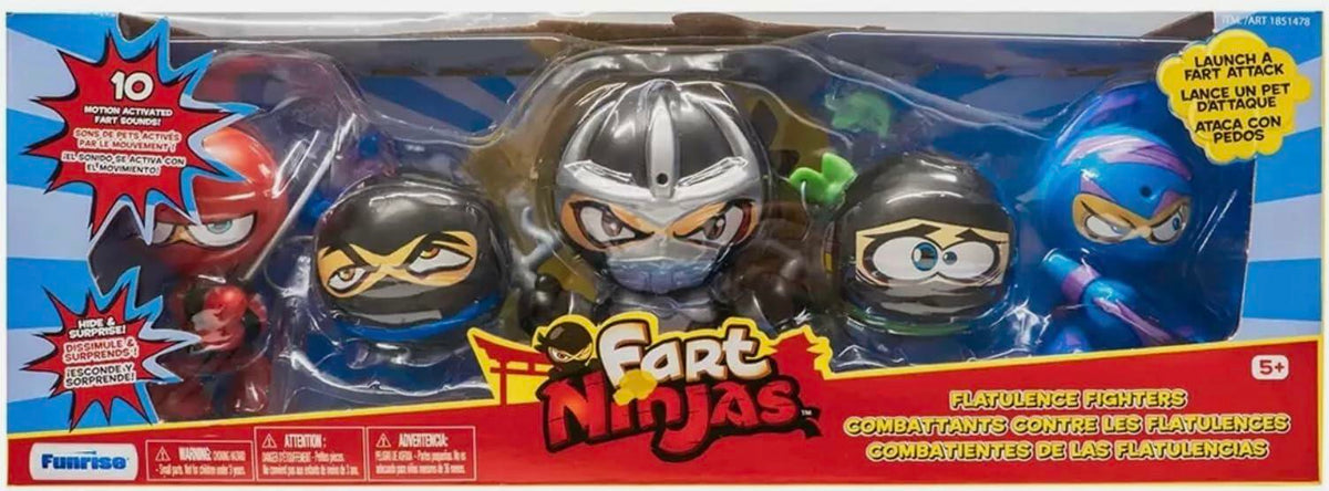 Funrise Fart Ninjas 5-Pack – Motion Activated Action Figures with 10 Fart Sounds – Funny Collectibles with Ninja Combat Poses & Colorful Armor (4 Fart Ninjas, 1 Fart Ninja XL)