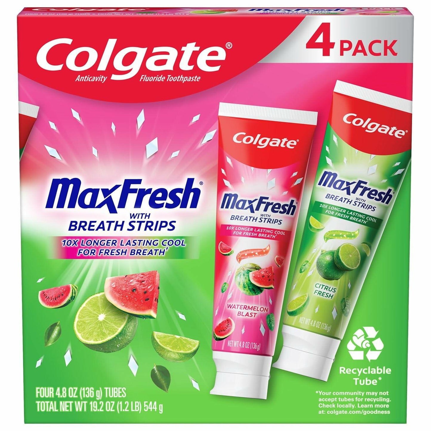 Colgate Maxfresh Toothpaste with Breath Strips, Watermelon Blast & Citrus Fresh, 4 Pack