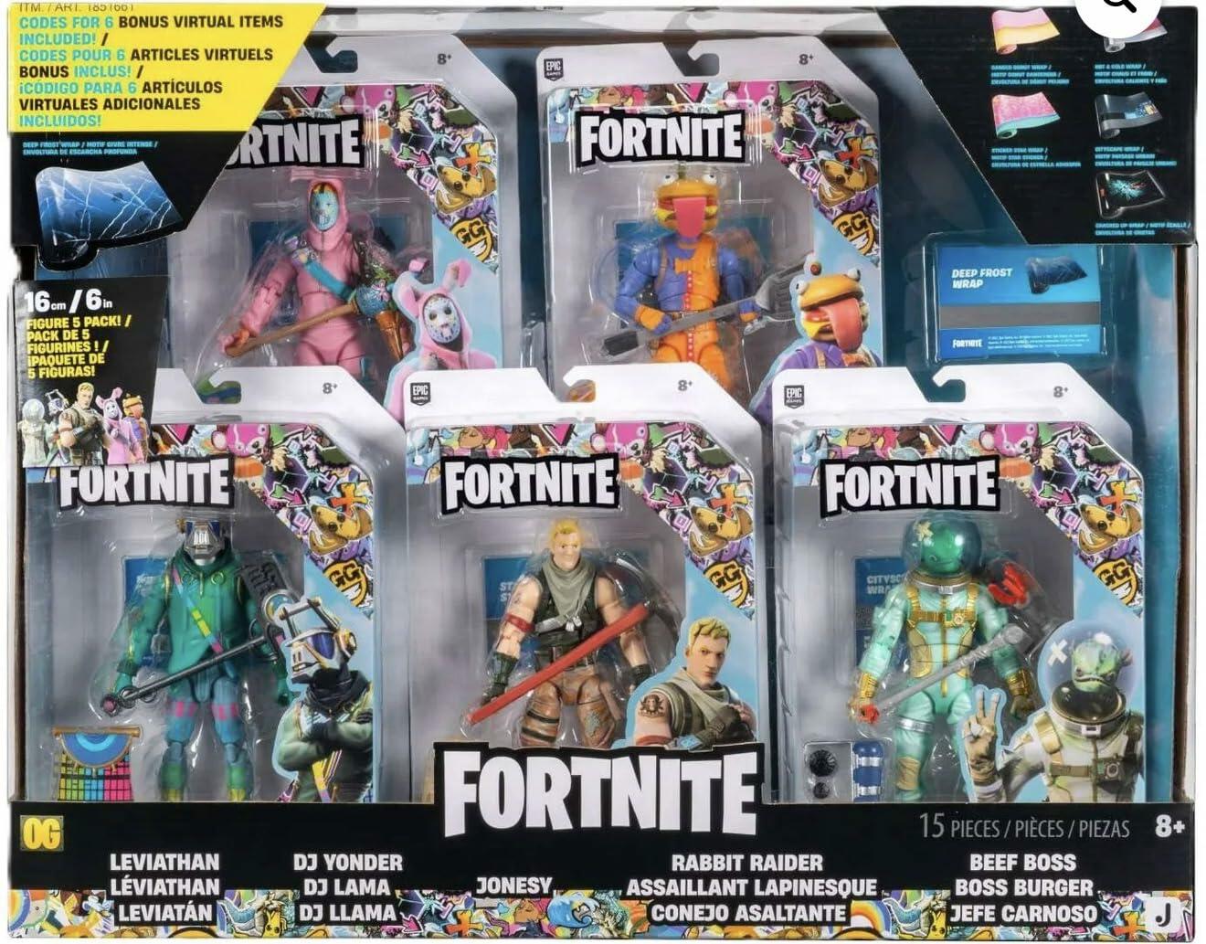 Fortnite Action Figure 5-Pack Set with Virtual Items, Deep Frost Wrap, Leviathan, DJ Yonder, Jonesy, Rabbit Raider, 15 Pieces, Ages 8+