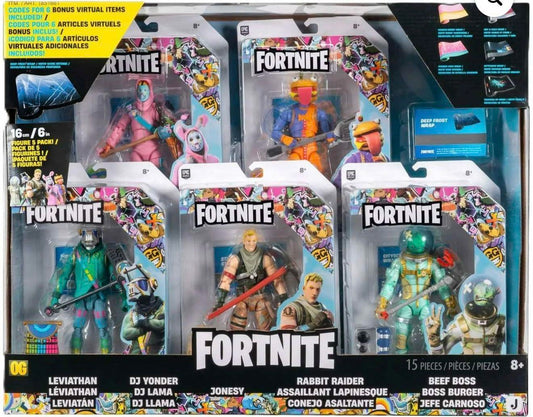 Fortnite Action Figure 5-Pack Set with Virtual Items, Deep Frost Wrap, Leviathan, DJ Yonder, Jonesy, Rabbit Raider, 15 Pieces, Ages 8+