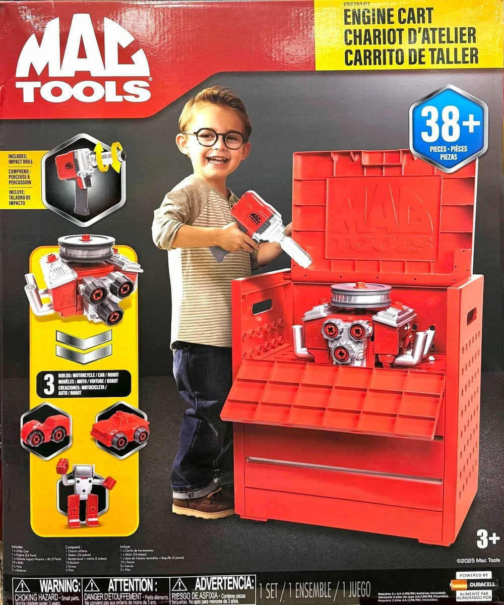 MARVAL TECH Mac Tools Children's Workshop Cart, Red, 38+ Pieces with Impact Drill, Mechanic Toy Set for Children 3+, Mechanics Set