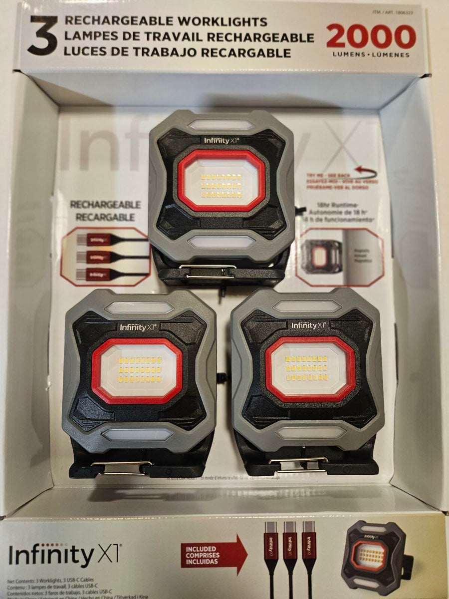 Infinity X1 Rechargeable Worklights, 2000 Lumens, 18 Hour Runtime, USB-C Charging, Not Water Resistant, 3 Pack