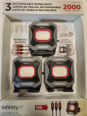 Infinity X1 Rechargeable Worklights, 2000 Lumens, 18 Hour Runtime, USB-C Charging, Not Water Resistant, 3 Pack