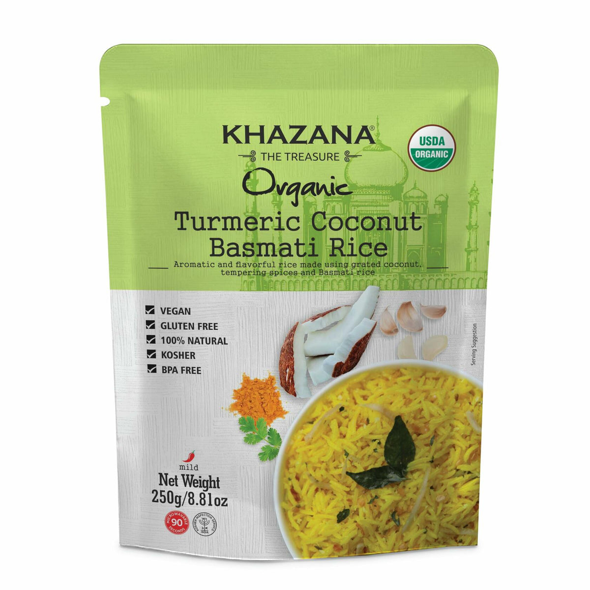 Khazana Turmeric Coconut Organic Basmati Rice - Ready to Heat (1-Pack, 8.8oz) - Authentic, Aromatic & Flavorful Indian Grain - Non-GMO, Vegan, Gluten-Free, Kosher - Microwaveable Instant Rice in 90 Seconds