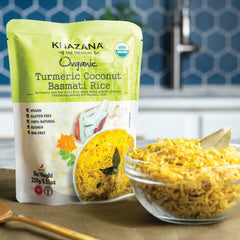 Khazana Turmeric Coconut Organic Basmati Rice - Ready to Heat (6-Pack, 8.8oz) - Authentic, Aromatic & Flavorful Indian Grain - Non-GMO, Vegan, Gluten-Free, Kosher - Microwaveable Instant Rice in 90 Seconds