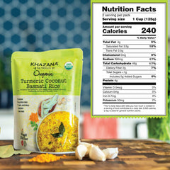 Khazana Turmeric Coconut Organic Basmati Rice - Ready to Heat (6-Pack, 8.8oz) - Authentic, Aromatic & Flavorful Indian Grain - Non-GMO, Vegan, Gluten-Free, Kosher - Microwaveable Instant Rice in 90 Seconds