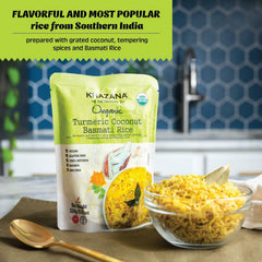 Khazana Turmeric Coconut Organic Basmati Rice - Ready to Heat (6-Pack, 8.8oz) - Authentic, Aromatic & Flavorful Indian Grain - Non-GMO, Vegan, Gluten-Free, Kosher - Microwaveable Instant Rice in 90 Seconds