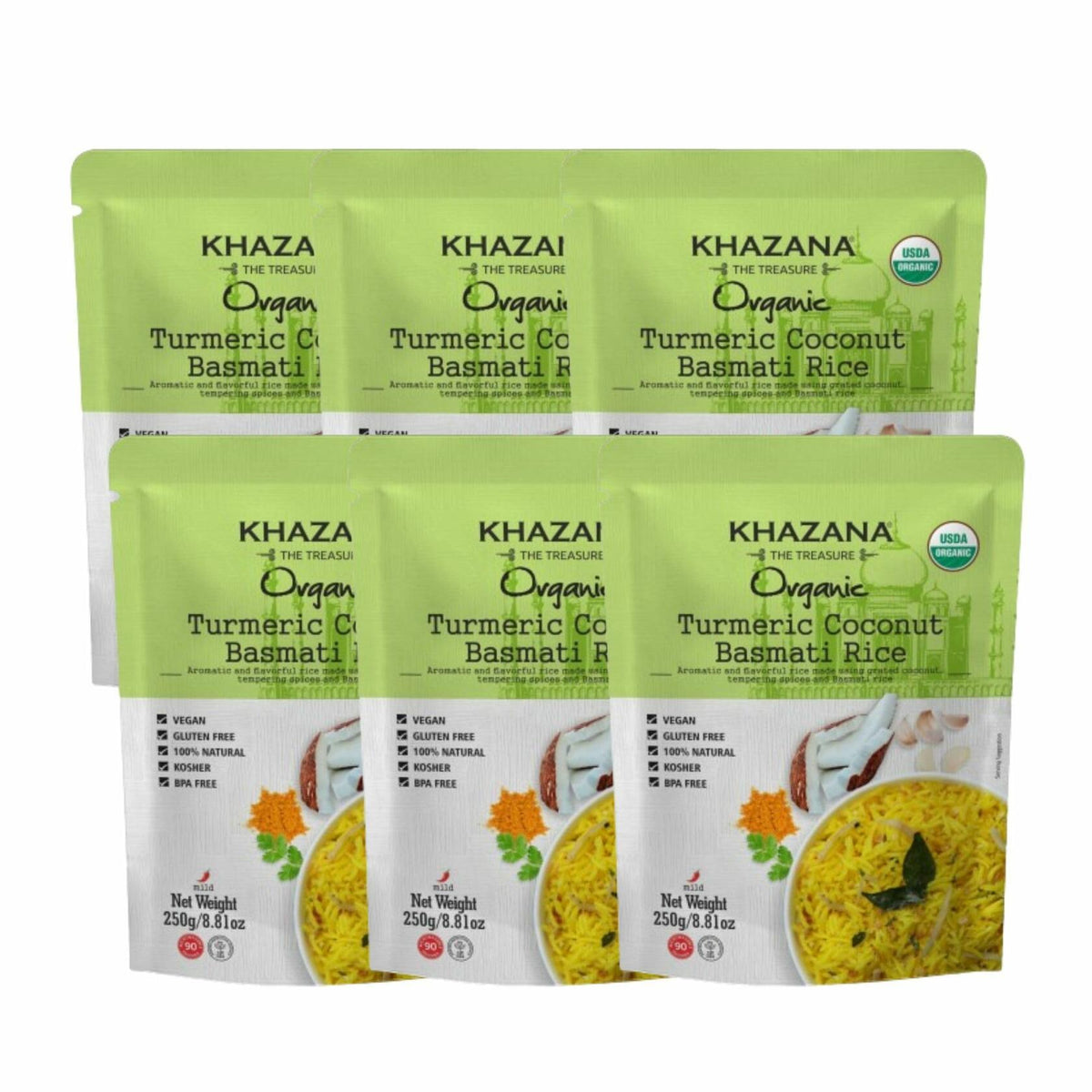 Khazana Turmeric Coconut Organic Basmati Rice - Ready to Heat (6-Pack, 8.8oz) - Authentic, Aromatic & Flavorful Indian Grain - Non-GMO, Vegan, Gluten-Free, Kosher - Microwaveable Instant Rice in 90 Seconds