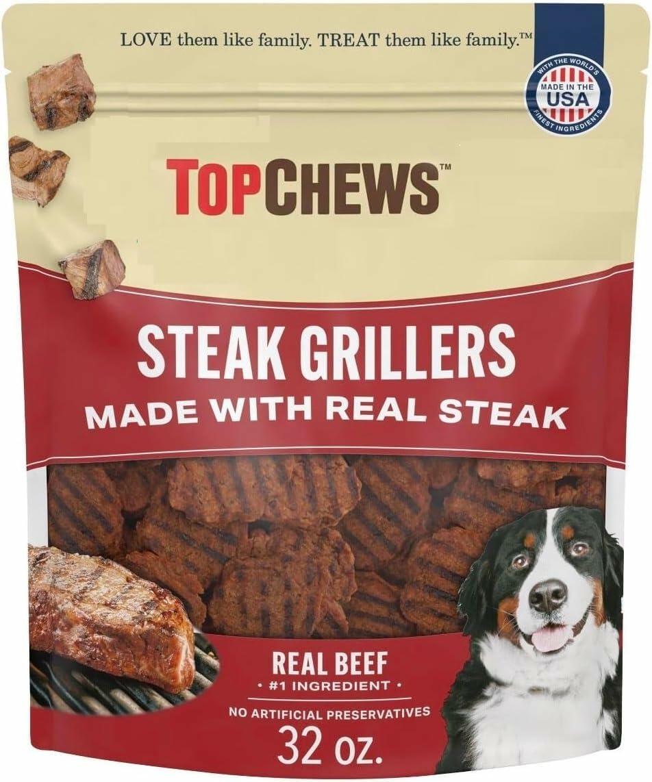 Top Chews Steak Grillers for Dogs, 32 oz - Made with Real Steak; Beef is The #1 Ingredient; No Artificial Flavors; No Artificial Preservatives. - Package May Vary