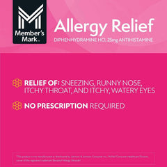 Member’s Mark Allergy Relief Tablets, 25 mg Diphenhydramine HCL, 600 Count