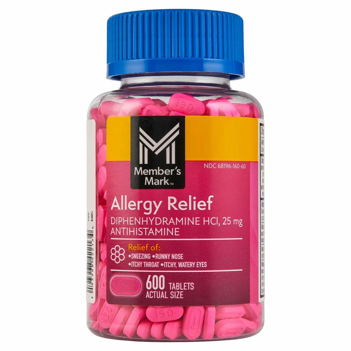 Member’s Mark Allergy Relief Tablets, 25 mg Diphenhydramine HCL, 600 Count