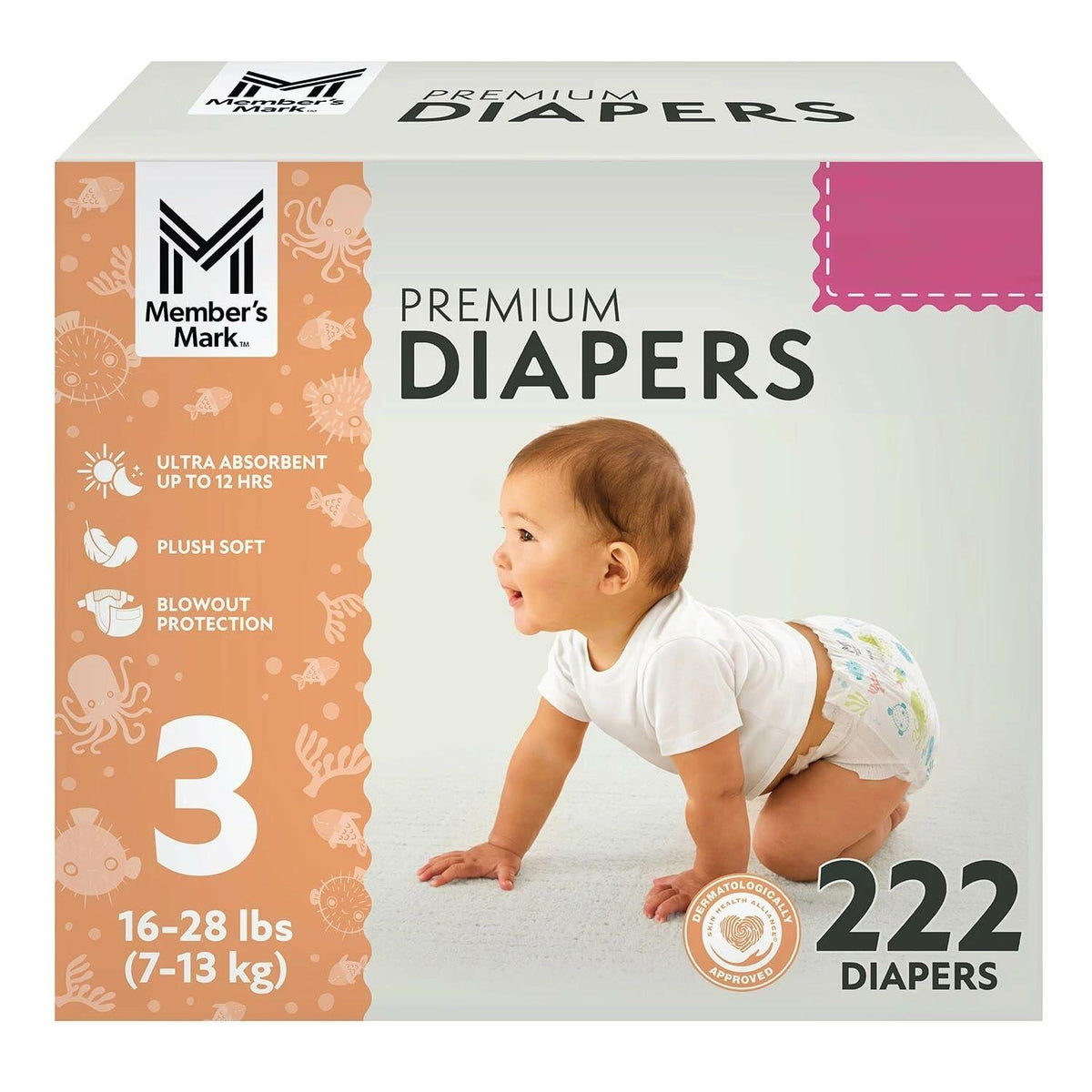 Member's Mark Premium Baby Diapers, Size 3 (16-28 Pounds), 222 Count