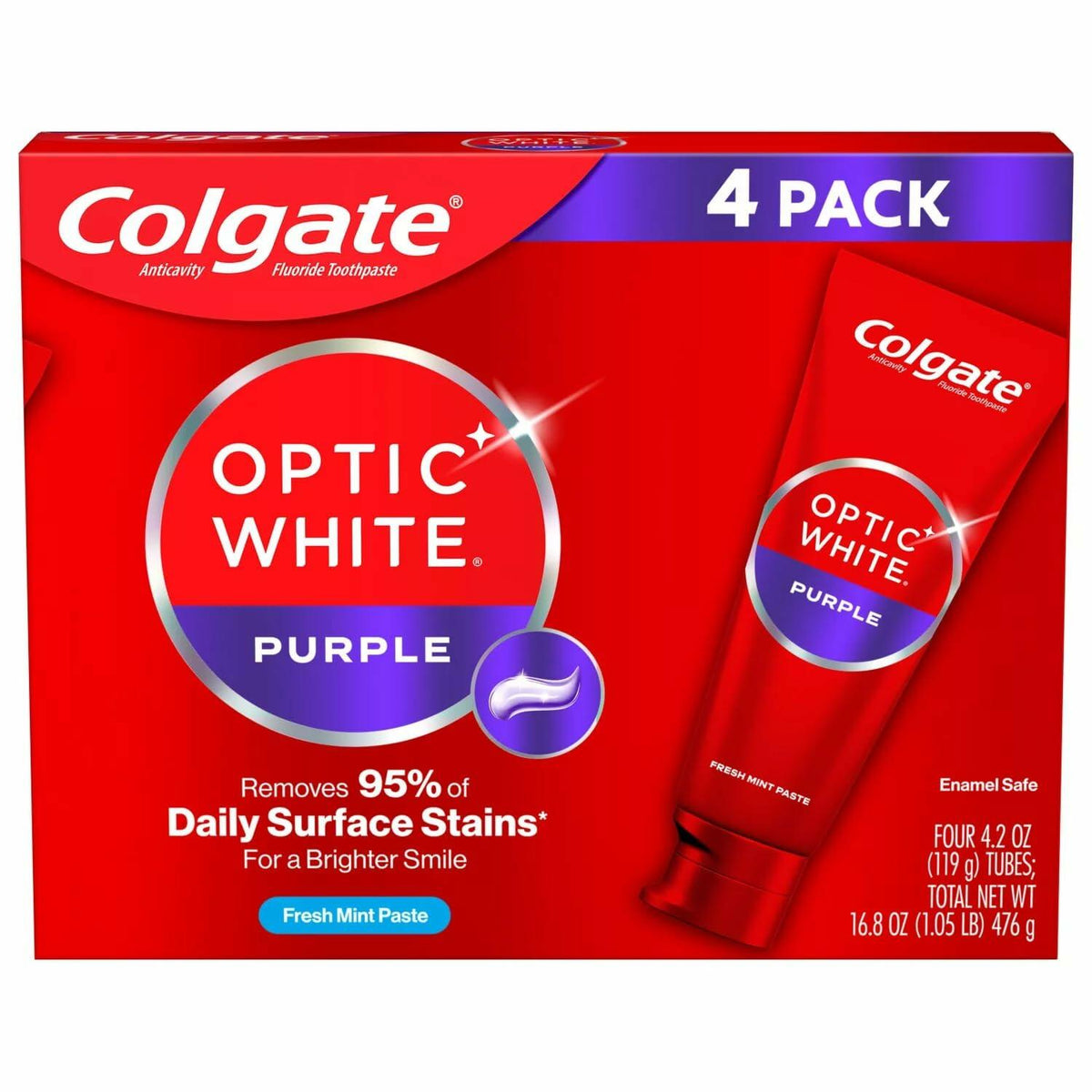 Colgate Optic White Purple Whitening Toothpaste, 4.2 Ounce (Pack of 4)